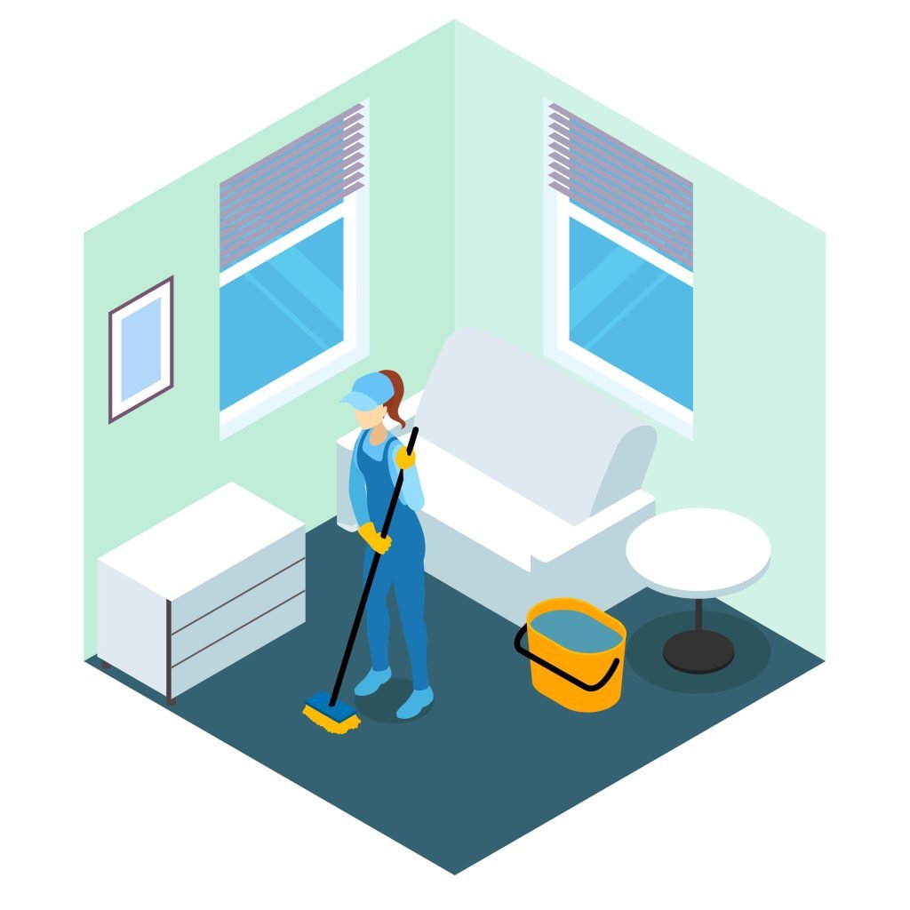 Floor cleaning isometric design in blue tones with woman in overalls with mop | JF Services | Vancouver