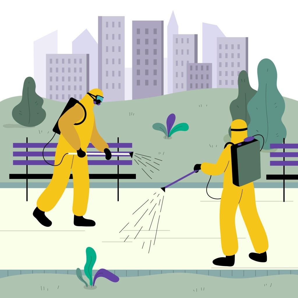 This illustration depicts two workers in yellow hazmat suits and protective gear performing sanitization or disinfection work in an urban park setting. They're spraying what appears to be cleaning solution, with one worker operating a backpack sprayer and the other using a handheld spraying device. 

In the background, there's a stylized city skyline with several high-rise buildings in light purple/gray colors. The park area features green spaces, benches with purple and black slats, and some decorative plants.

The image has a clean, modern illustration style with a limited color palette primarily using yellows, greens, purples, and grays. This appears to be representing sanitization or cleaning services, possibly for public spaces, which became especially important during pandemic times.

JF Services | Eco Friendly Solutions at JF Services | Eco-Friendly solutions | JF Services | JF Pressure Wash