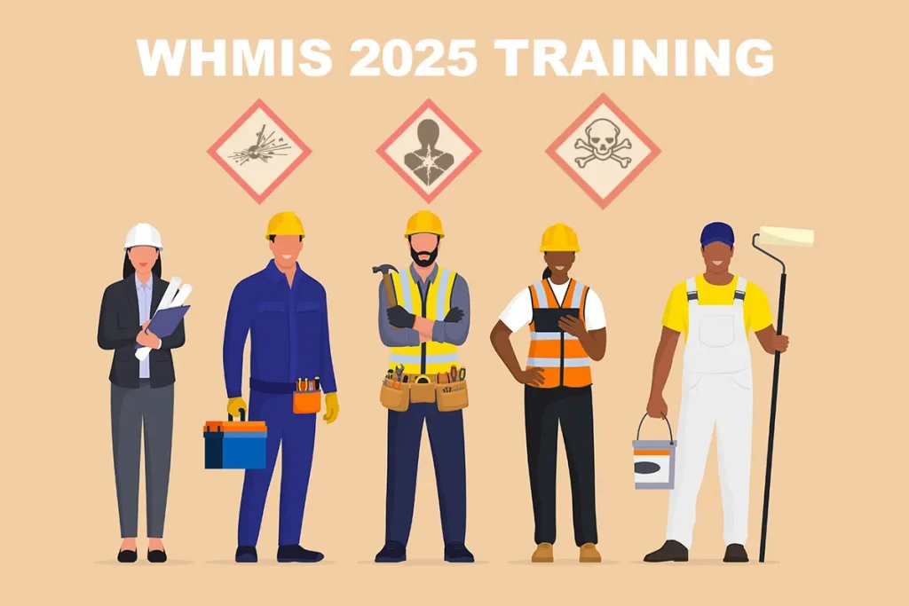 This image shows an illustration for "WHMIS 2025 TRAINING" (Workplace Hazardous Materials Information System). The poster features five illustrated workers in different occupational roles, all wearing appropriate safety gear:

- A person in business attire with a white hard hat holding documents
- A maintenance worker in blue coveralls with a toolbox and yellow hard hat
- A construction worker in a high-visibility vest with tool belt and yellow hard hat
- A safety inspector in an orange safety vest with a clipboard and yellow hard hat
- A painter in white overalls holding a paint bucket and roller

Above the workers are three hazard symbols in diamond-shaped warning signs with red borders:
- An explosive/reactive hazard symbol
- A health hazard symbol (showing a silhouette)
- A toxic/deadly hazard symbol (skull and crossbones)

The image appears to be promotional material for workplace safety training related to hazardous materials, with a focus on the upcoming 2025 WHMIS standards.

WHMIS, JF Janitorial Services, JF Cleaning Services, JF Services