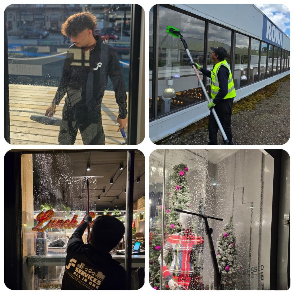 A collage of four images showcasing professional window cleaning services. The top left image features a worker in a black uniform cleaning a window from a wooden deck with a squeegee, reflecting a marina background. The top right image shows a worker in a high-visibility vest cleaning large commercial windows of a RONA store with an extendable pole. The bottom left image depicts a worker in a black jacket with a company logo cleaning a restaurant window with a "Lunch Box" sign visible inside. The bottom right image shows a worker cleaning a festive storefront window decorated with pink Christmas trees and a mannequin in colorful clothing.
JF Services | WIndow cleaning services | Window cleaning | Window Washing | Window Washing Services